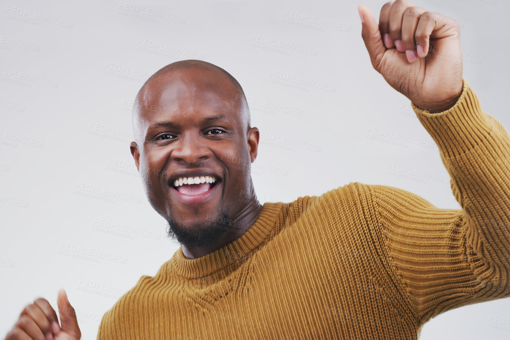 Buy stock photo Dancing, happy and portrait of black man in studio for celebration, winning prize or promotion on gray background. Movement, excited and male person for satisfaction, good news or stress relief