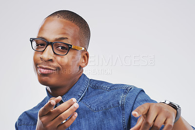 Buy stock photo Portrait, smile and black man pointing to you, motivation and confident guy against a white studio background. Face, male person or happy model with hand gesture, decision and choice with opportunity