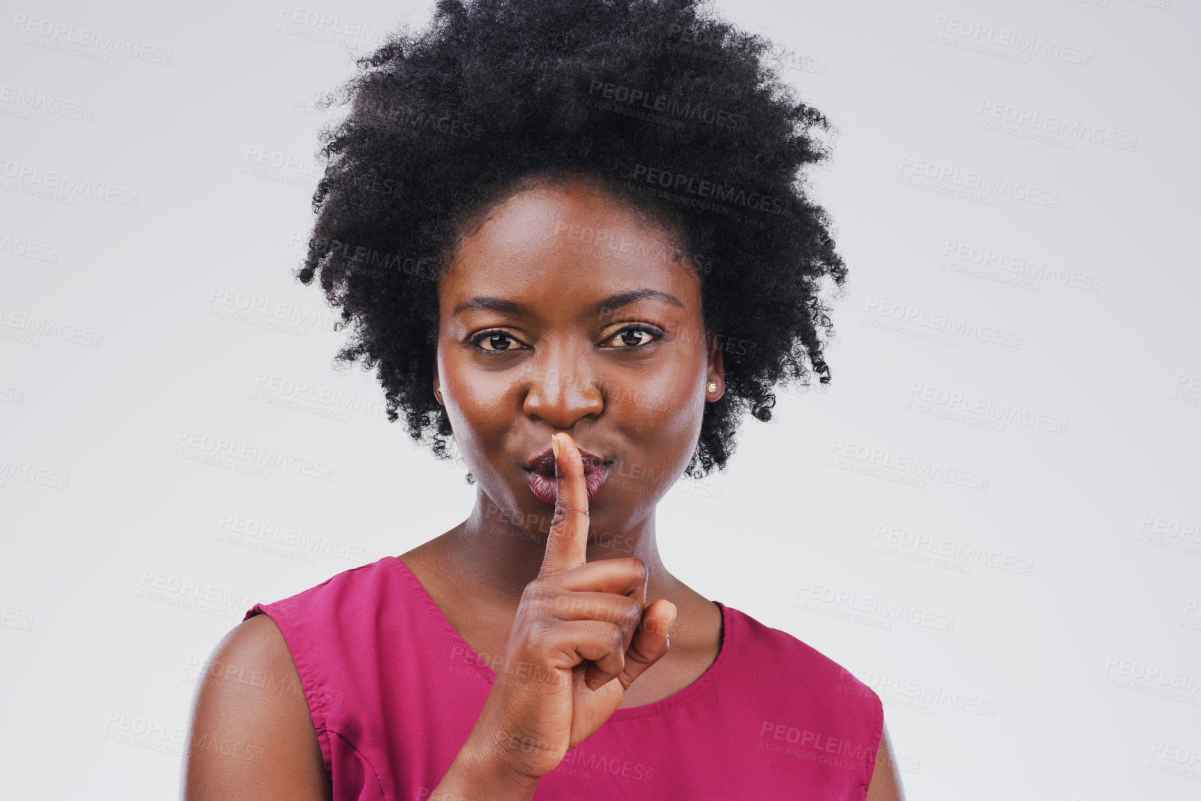 Buy stock photo African woman, portrait and gesture with secret, studio and silence for mystery announcement. Model, gossip and hush with rumor, whisper and finger for news or noise with privacy on white background