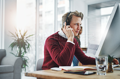 Buy stock photo Call center, man and communication for customer service on computer for legal advice, listening or contact us. Consultant, microphone and help at telemarketing agency with consulting and CRM operator