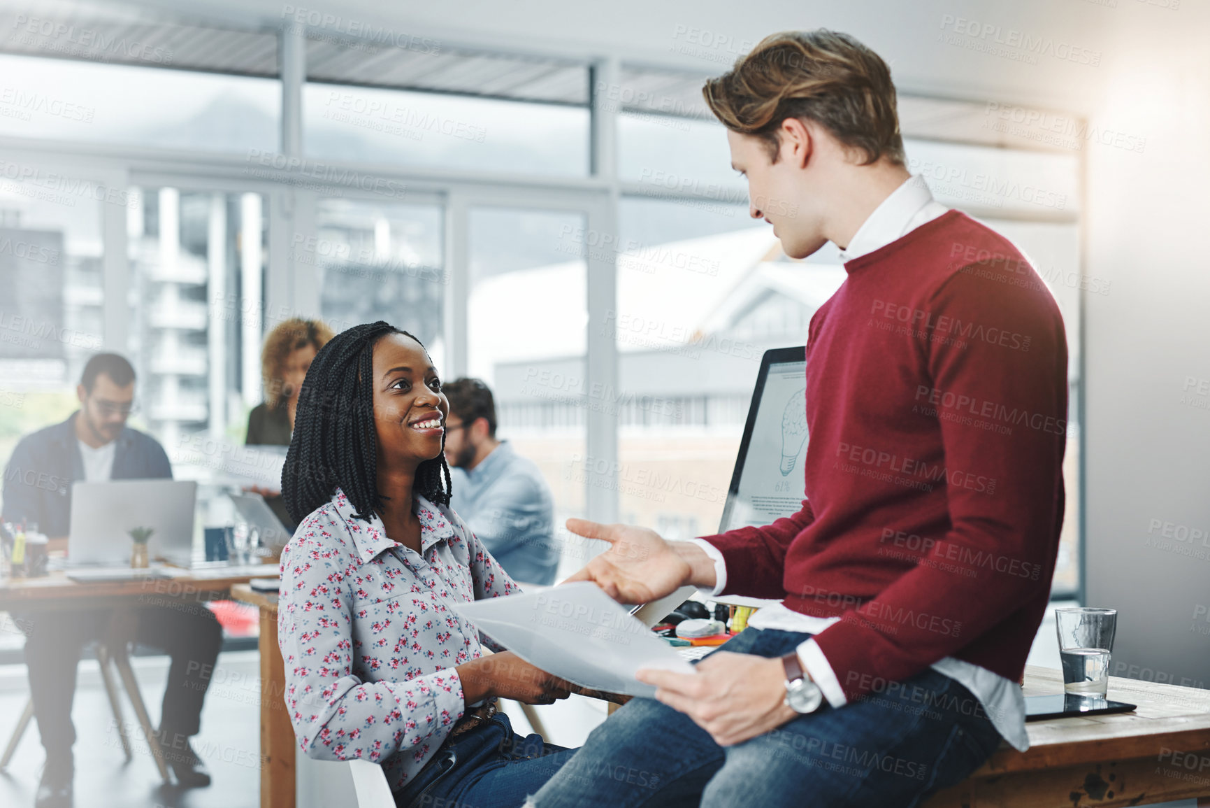 Buy stock photo Paperwork, smile and colleagues in office, diversity and ui designer with woman for project and explaining. Teamwork, coworking and man with documents, planning or creative together for proposal