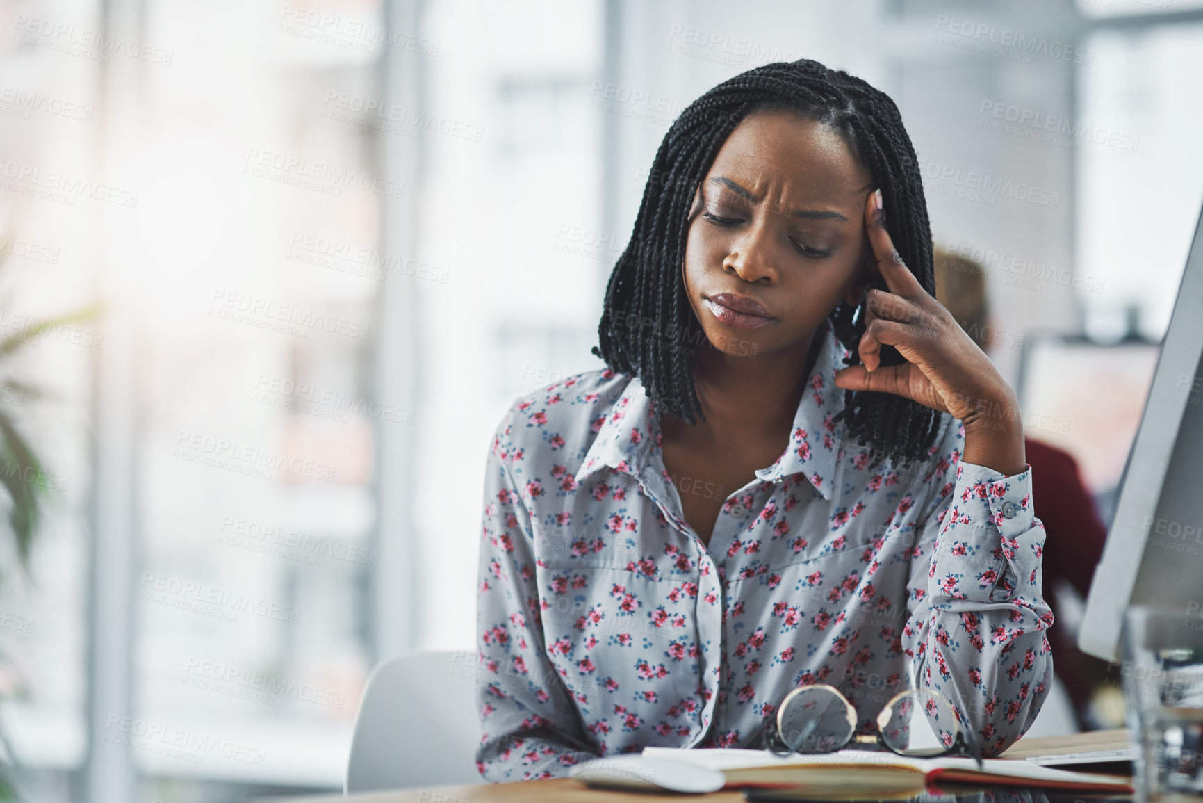 Buy stock photo Thinking, black woman and notebook with stress in office for administration, report writing and ideas for project deadline. Female person, headache and computer for problem solving of schedule crisis