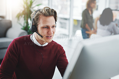 Buy stock photo Call center, man and communication for customer support on computer with advice, contact us or helping. Consultant, microphone and headset at telemarketing agency with consulting and CRM operator