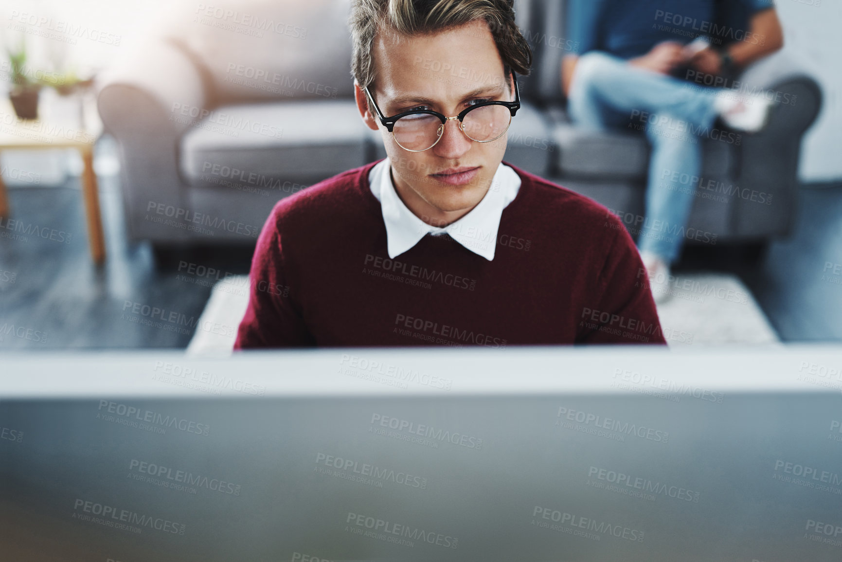 Buy stock photo Computer, serious and man in home with remote work for online it service with agile project. Glasses, technology and freelance software developer with debugging error on database for cloud computing.