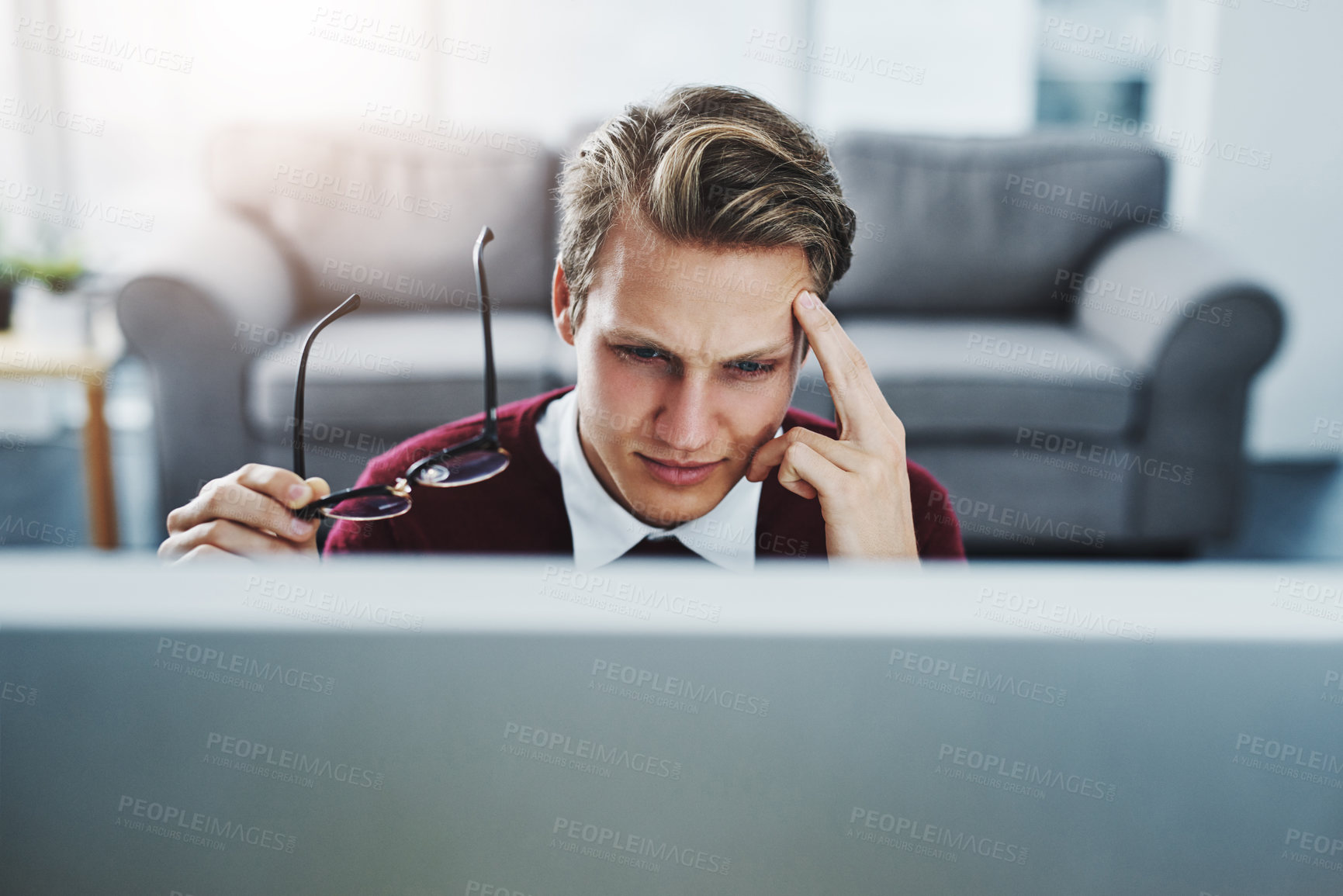 Buy stock photo Frustration, computer and man in home for remote work with glitch online for data firewall crisis. Stress, tech and male software engineer with freelance career for error in cloud computing system.