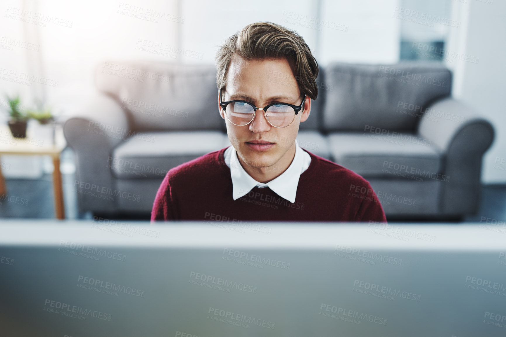 Buy stock photo Computer, confused and man in house with remote work for online it service with agile crisis. Mistake, technology and freelance software developer with debugging error on database for cloud computing