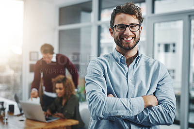 Buy stock photo Portrait, business and man with arms crossed, glasses and happiness with startup, smile or confidence. Face, people or employee with coworkers, career ambition or agency for web design and office