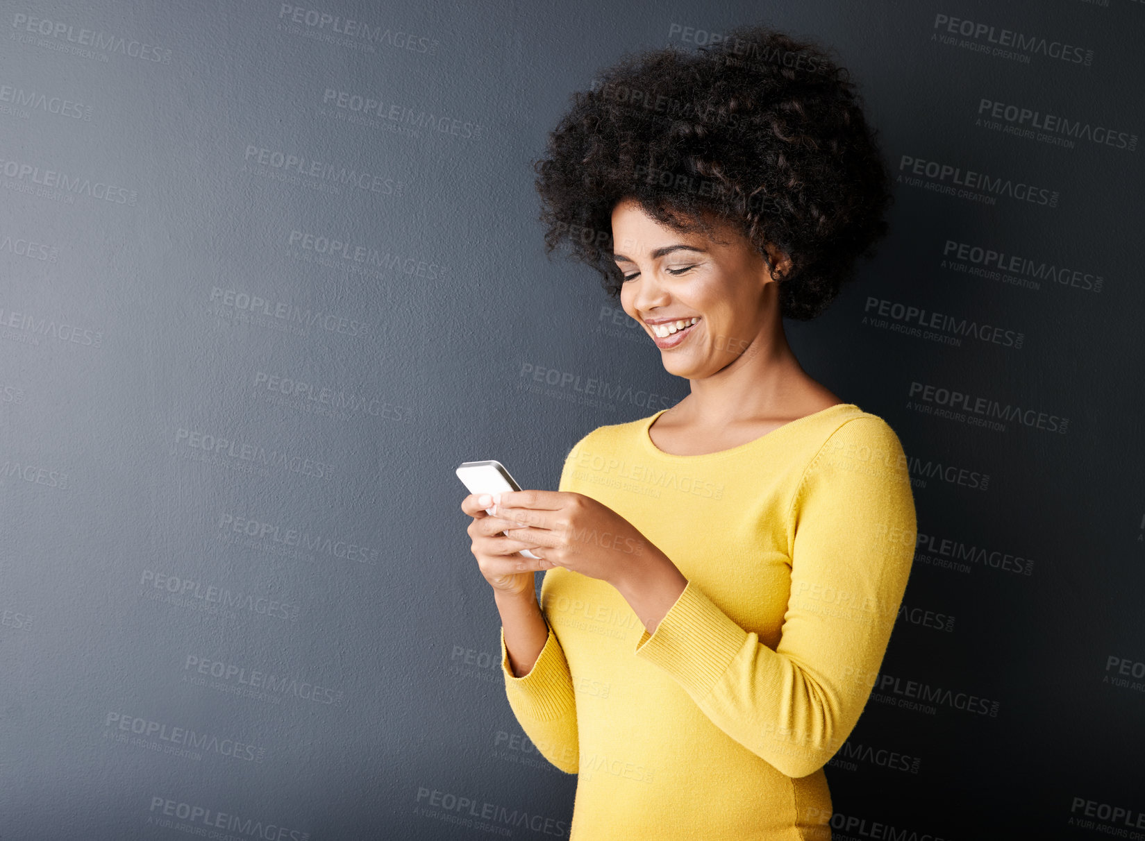 Buy stock photo Social media, reading and black woman with phone and funny meme, post or reading article online. Cellphone, app and person typing contact or communication on internet or website with happiness mockup