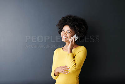 Buy stock photo Black woman, thinking and happy phone call for planning, ideas or communication in studio background. African, face and person in mobile conversation with questions or listening to contact talking