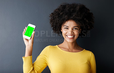 Buy stock photo Phone, green screen and happy portrait of black woman or social media, communication and mockup. Cellphone, display and online chat, connection or advertising mobile app promotion with technology 
