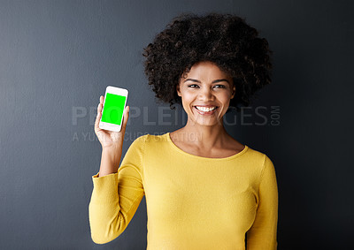 Buy stock photo Phone, green screen and portrait of black woman with social media, communication and mockup space. Cellphone, display and online chat, connection or advertising mobile app promotion with technology 