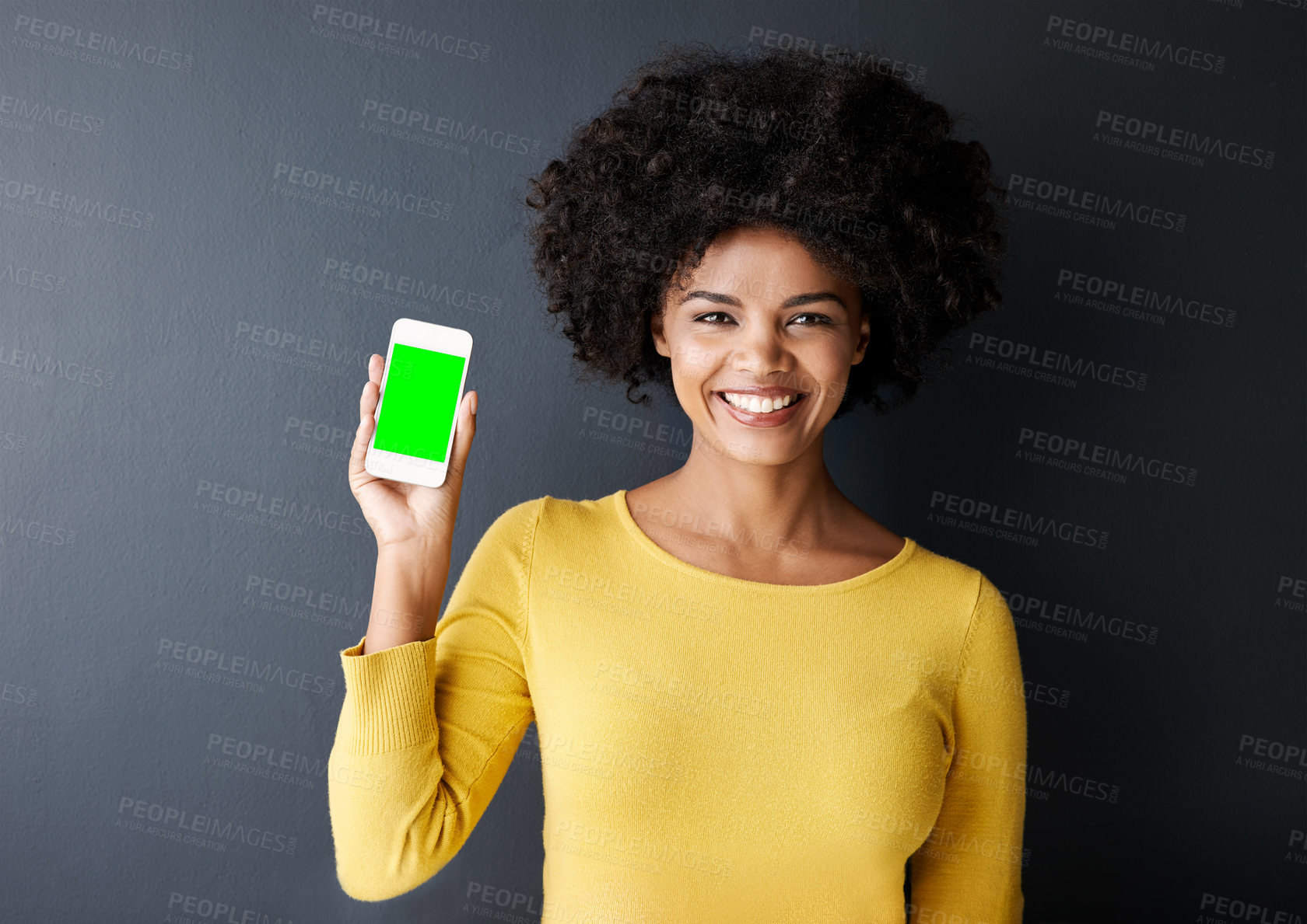 Buy stock photo Phone, green screen and portrait of black woman with social media, communication and mockup space. Cellphone, display and online chat, connection or advertising mobile app promotion with technology 