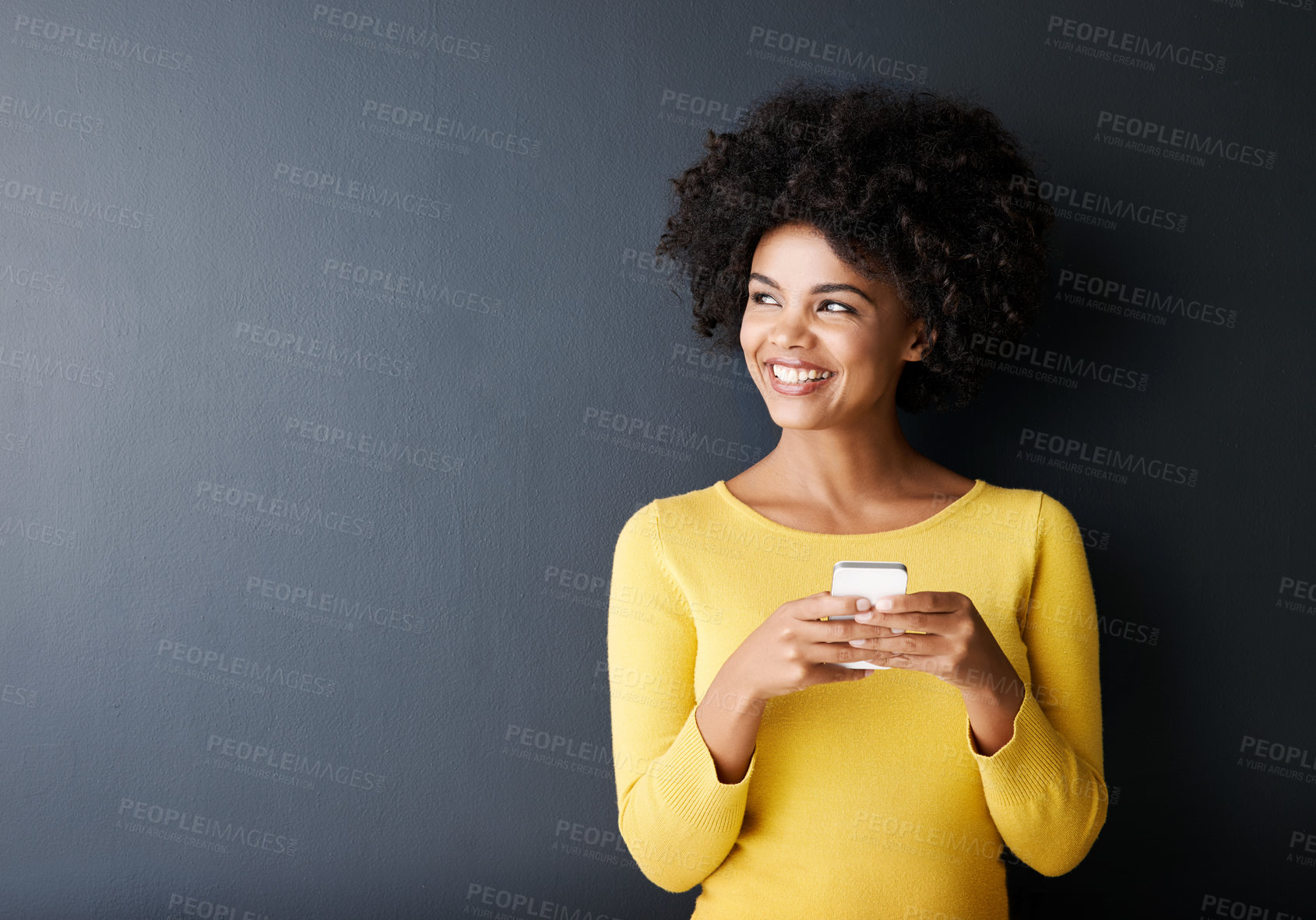 Buy stock photo Black woman, thinking and chat on social media with phone  to post, article or reading online ideas. Cellphone, app and person typing contact or communication on internet or website with mockup space