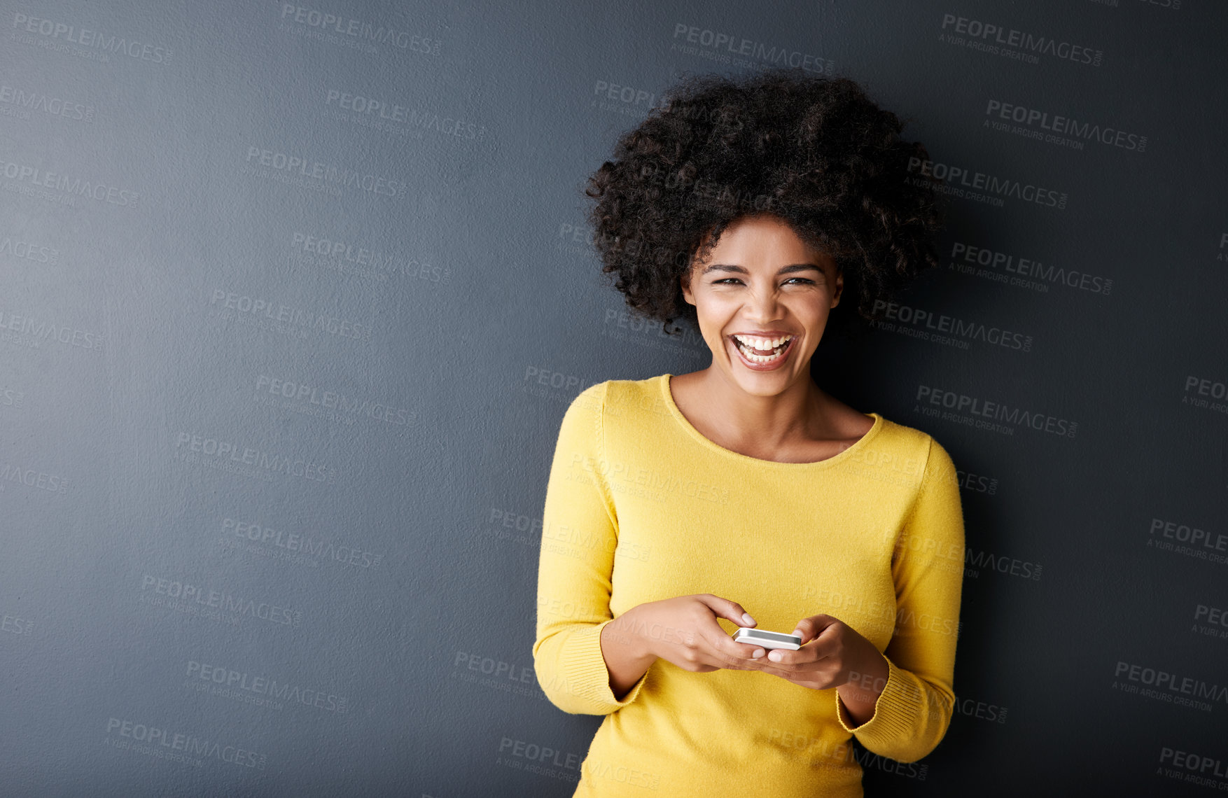 Buy stock photo Funny, social media and portrait of black woman using phone and laugh at meme, post or article online. Cellphone, app and person typing contact or communication on internet or website in mockup space
