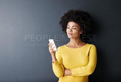 Buy stock photo Black woman, thinking and reading phone with fake news, social media or post online on app or website. African, face and email communication, chat or cellphone with announcement info mockup or space