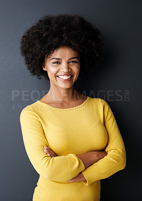 Buy stock photo Happy, college student and portrait of black woman with arms crossed in studio, background and mockup. African, person and smile for university, scholarship and confidence at academy for learning