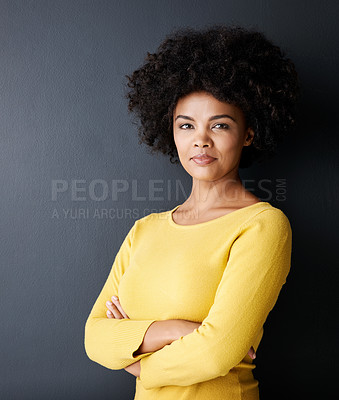 Buy stock photo Black woman, confidence and portrait with arms crossed for fashion, style and pride in identity. Natural, hair and beauty with African model in studio, mockup space or person in gray background