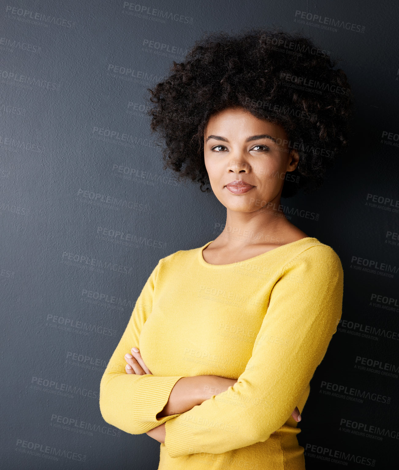 Buy stock photo Black woman, confidence and portrait with arms crossed for fashion, style and pride in identity. Natural, hair and beauty with African model in studio, mockup space or person in gray background