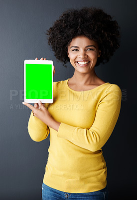 Buy stock photo Tablet, green screen and portrait of black woman with social media, communication and mockup space. Tech, display and online chat, connection or advertising mobile app promotion with technology 
