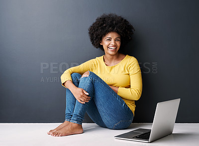 Buy stock photo Online class, portrait and black woman with laptop, elearning and happiness on floor in studio background. Computer, research and college student typing on keyboard for working, project or education