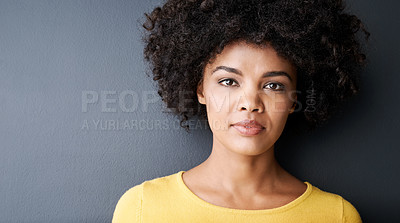 Buy stock photo African, woman and serious portrait in studio, mockup and gray background with beauty or cosmetics. Hair, care and face of person with natural afro or model with skincare, dermatology or makeup 