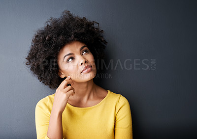 Buy stock photo Black woman, thinking and face with ideas in studio, mockup and gray background with inspiration. African, person and college student planning future, solution or problem solving in mockup space