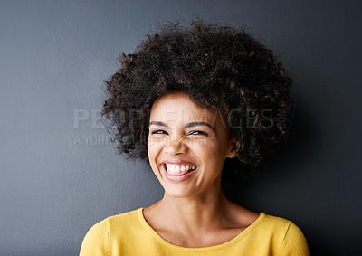 Buy stock photo Black woman, laugh and beauty portrait in studio with happiness, freedom or wellness in mockup space, Happy, face and natural African hair care, cosmetics and smile for dermatology on grey background