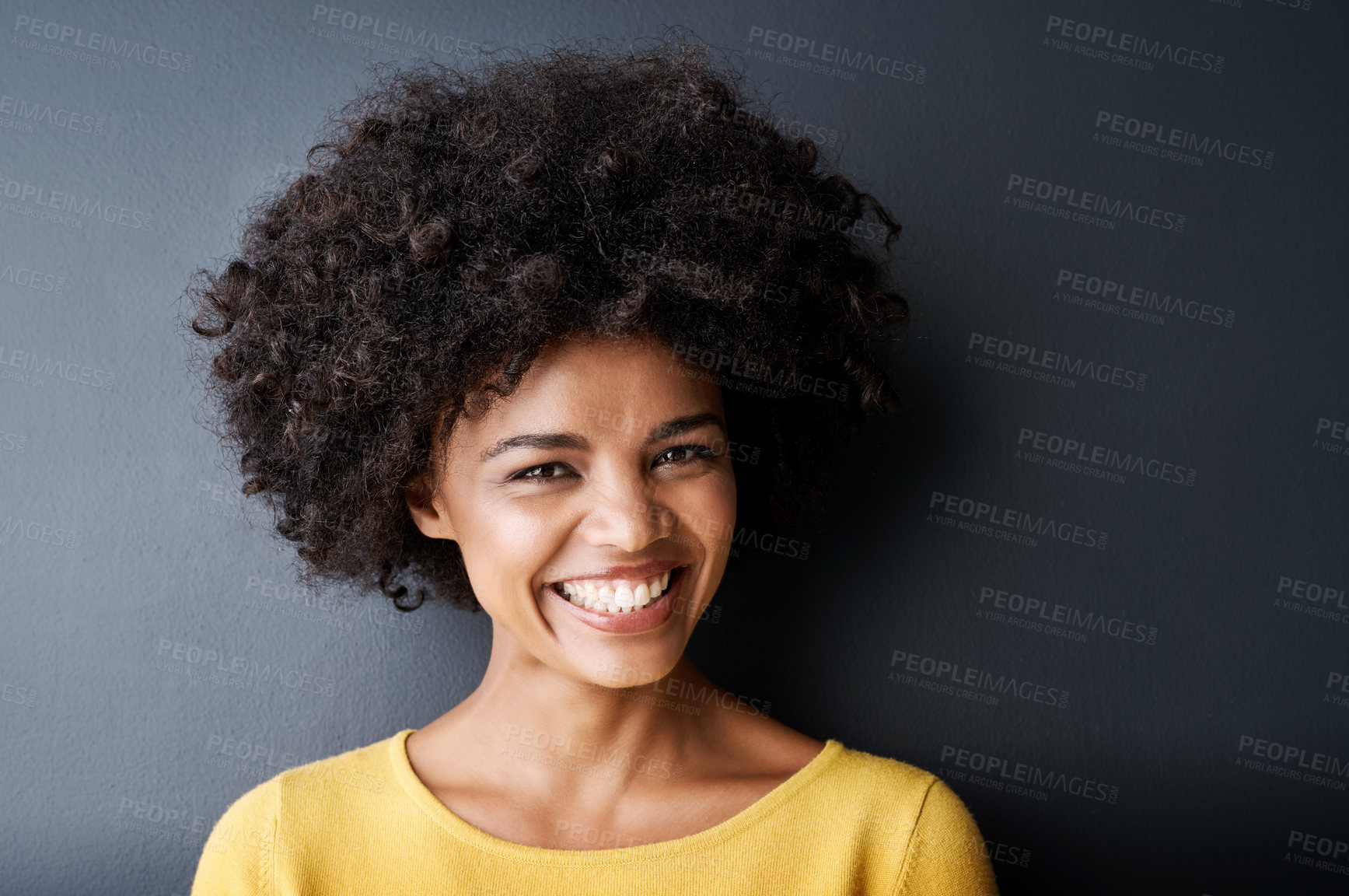 Buy stock photo Happy, black woman and portrait of college student in studio, grey background or education mockup. African, face and person with smile for university, scholarship or happiness at academy for learning