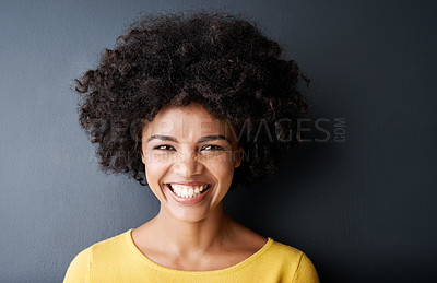 Buy stock photo Happy, college student and portrait of black woman in studio, background and education mockup. African, face and person with smile for university, scholarship and happiness at academy for learning
