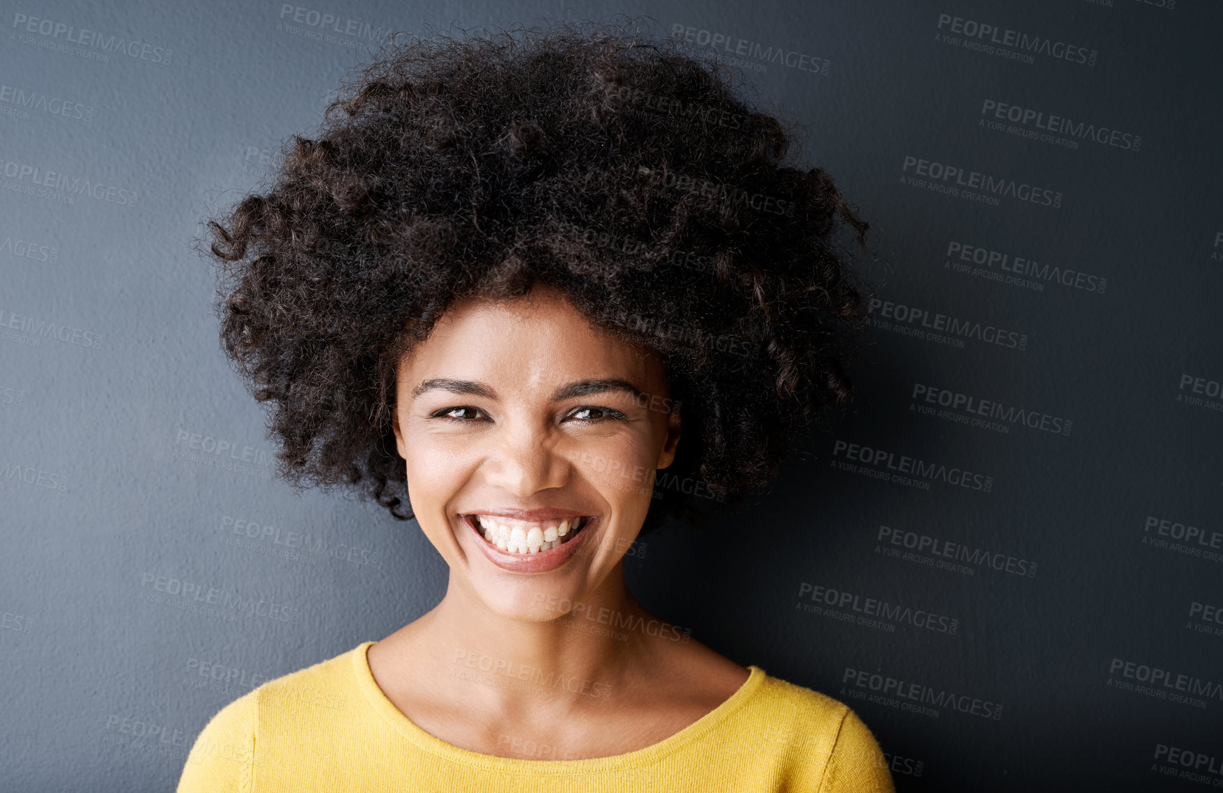 Buy stock photo Happy, college student and portrait of black woman in studio, background and education mockup. African, face and person with smile for university, scholarship and happiness at academy for learning