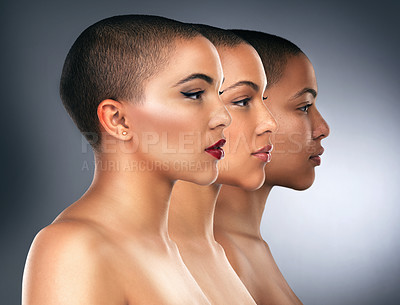 Buy stock photo Sequence shot of a woman transforming from barefaced to a full face of makeup