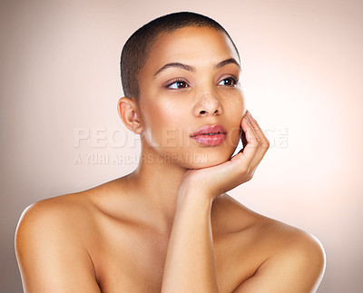 Buy stock photo Thinking, skincare and beauty of woman in makeup for wellness or health in studio isolated on white background. Face, bald and serious young model in cosmetics for glow, shine and dermatology in spa