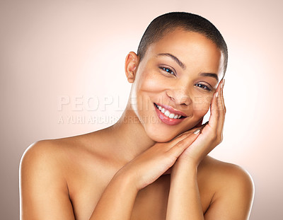 Buy stock photo Portrait, skincare and beauty of happy woman in makeup for wellness, health or touch in studio isolated on brown background. Face, bald and model in cosmetics for glow, shine and dermatology in spa