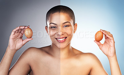 Buy stock photo Woman, happy and skincare for routine in studio with eggs, ingredients and satisfied with results. Portrait, natural and smile with confidence for transformation, process and  treatment for skin