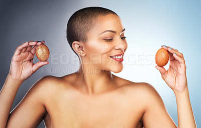 Buy stock photo Happy, black woman and skincare with before and after with egg for wellness transformation isolated in studio. African, female person and model with natural product versus artificial cosmetics 