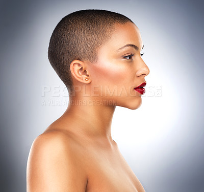 Buy stock photo Woman, profile and beauty in studio for skincare, cosmetics and makeup on backdrop. Bald, female person and facial treatment and wellness by grey background for  dermatology and lipstick for glow