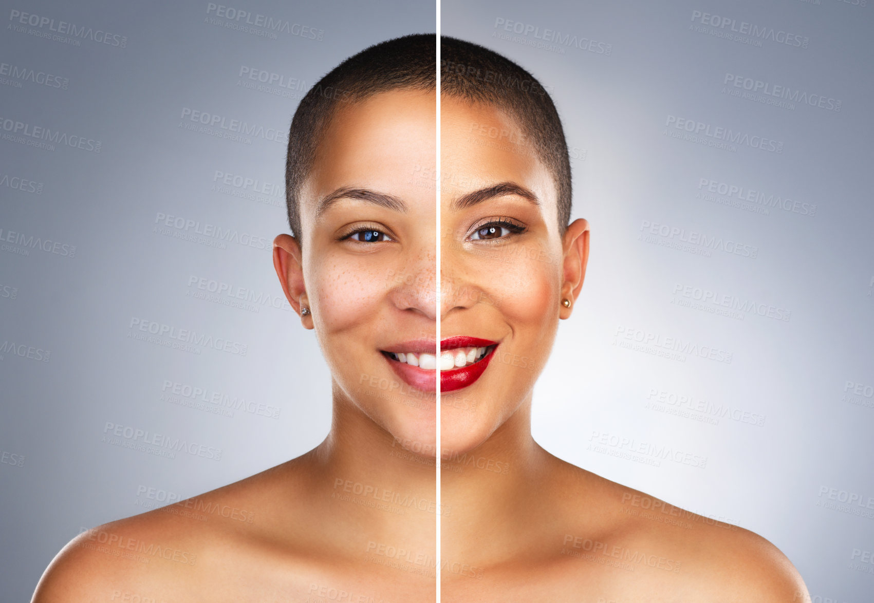 Buy stock photo Collage, makeup and before after of woman in portrait in studio for beauty, cosmetics and smile with pride. Transformation, comparison or makeover of female model, facial aesthetic or gray background