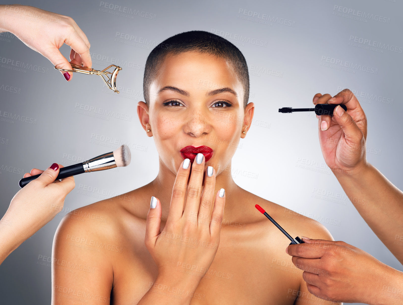 Buy stock photo Hands, brushes and portrait of woman for beauty with red lips in studio for lipstick and mascara routine. Cosmetics, makeup and female person with facial cosmetology treatment by gray background.