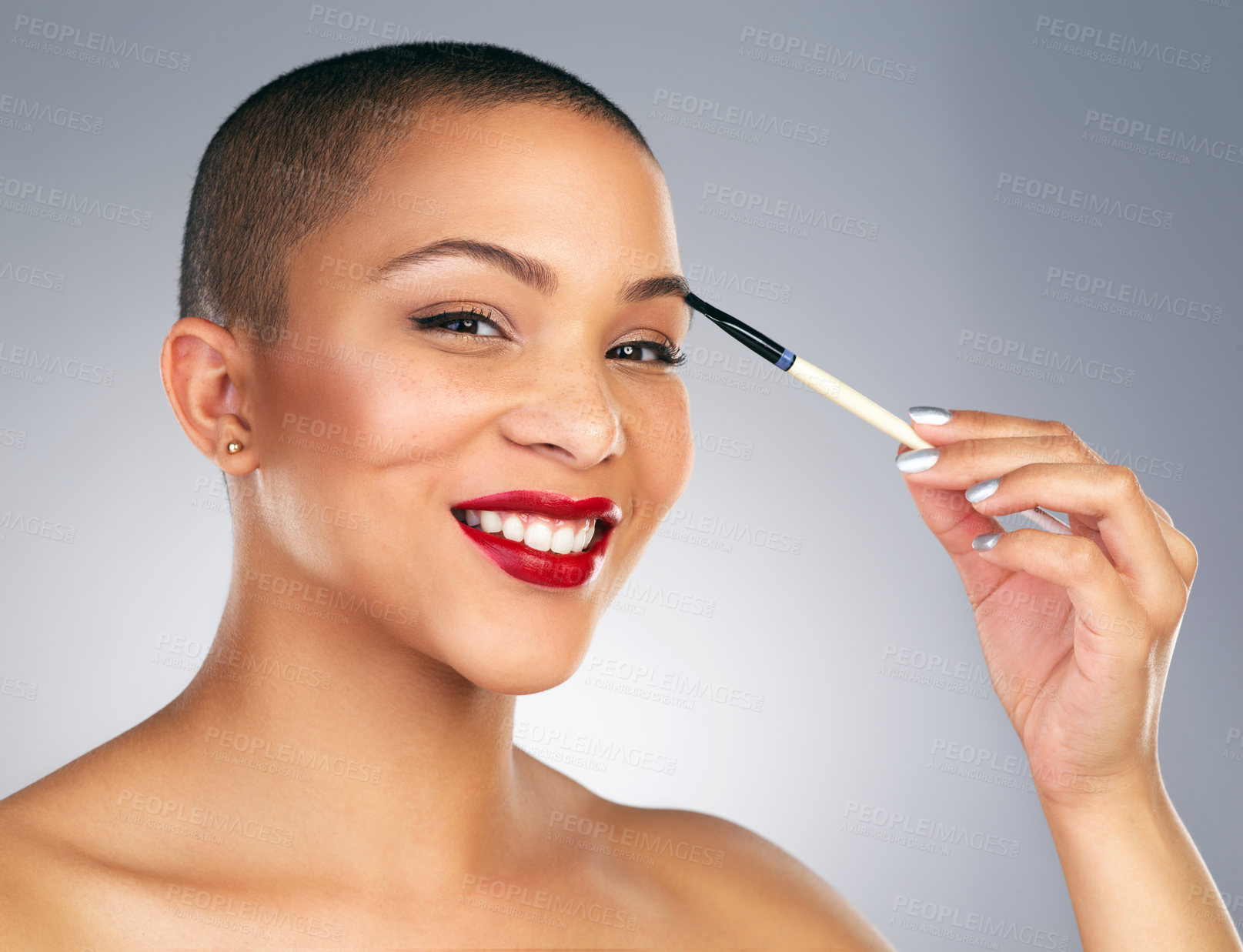 Buy stock photo Eyeshadow, brush and portrait of woman with red lips in studio for lipstick and makeup routine. Cosmetics, beauty and face of female person with facial cosmetology treatment by gray background.