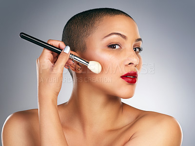 Buy stock photo Beautiful, brush and portrait of woman with red lips in studio for lipstick and mascara routine. Cosmetics, makeup and face of female person with facial cosmetology treatment by gray background.