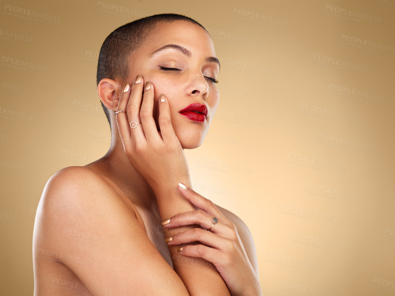 Buy stock photo Makeup, beauty and girl in studio, relax and skin of cosmetics, aesthetic and red lipstick. Backdrop, proud and hand of woman with results, self love and color on lips, foundation and model in mockup