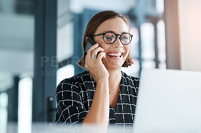 Buy stock photo Happy, woman and phone call in office with internet for work as receptionist, administrative support and laptop skill. Female employee, online and conversation to confirm schedule and planning.