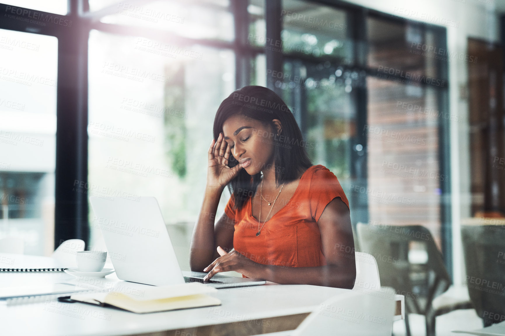 Buy stock photo Black woman, stress and laptop with headache in fatigue for deadline, pressure or strain at office desk. Young African, female person or employee with migraine or vertigo on computer for burnout