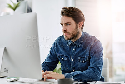 Buy stock photo Office, computer and businessman thinking for website, research project and email on internet. Corporate, workplace and creative person on digital tech for social networking, connection and contact