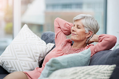 Buy stock photo Senior woman, relief and relax on sofa in home living room with peace, silence and happiness with free time. Elderly lady, retirement and lounge couch with freedom, sleep and happy for lifestyle