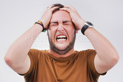 Buy stock photo Anger, burnout and frustration with annoyed man in studio isolated on gray background for reaction. Emotion, rage and stress for fail with young person feeling upset at accident, fail or mistake