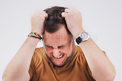 Buy stock photo Man, frustrated and pulling hair in studio for burnout, stress and mental health. Male person, angry and headache for debt, accident and problem with job on isolated white background with mockup