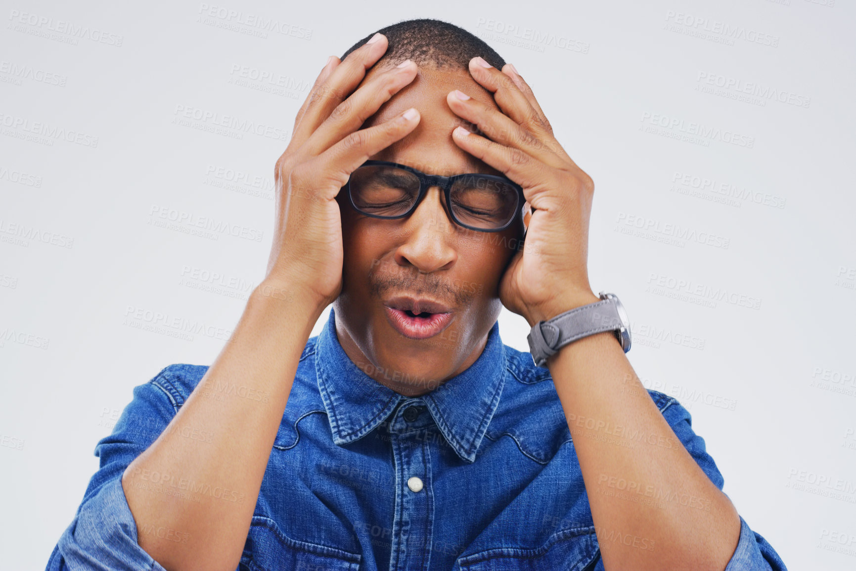 Buy stock photo African man, stress and headache in studio for problem, work and debt with mockup. Model, frustrated and worry for news, report and crisis on politics, world and war on isolated white background