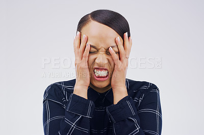 Buy stock photo Stress, frustrated and woman in studio with mistake, fail or crisis for mental health problem. Worry, emotion and upset female person with tension, pressure or burnout for career by gray background.