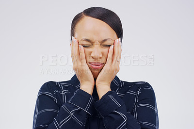 Buy stock photo Woman, studio and stress with frustration, burnout and anger at mistake or fail. Model, distressed or upset with problem, tension and brain fog for fatigue and migraine or vertigo on white background